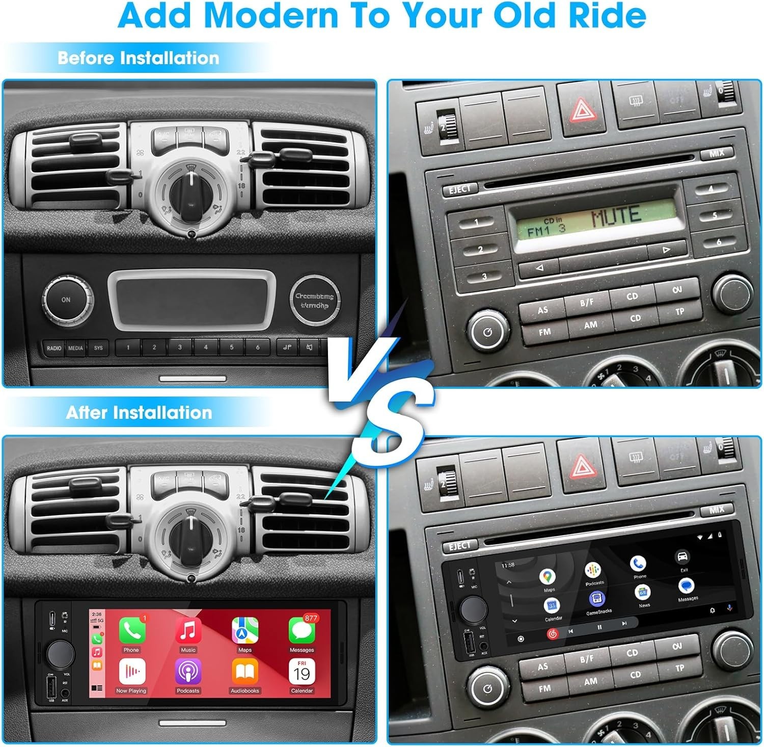 Bluetooth 5.3 Single DIN Car Stereo – CarPlay, Android Auto & Voice Control