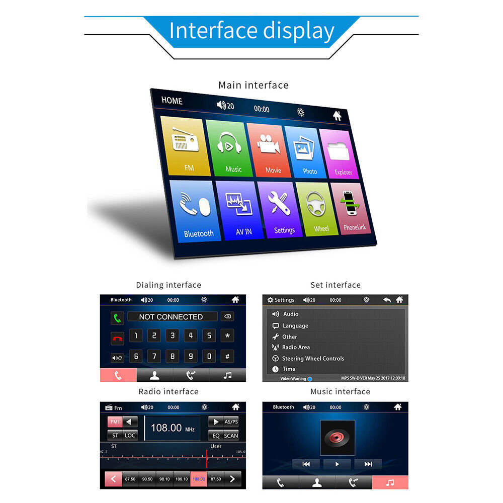 7″ 2DIN Car Stereo Radio Bluetooth Touchscreen TF USB AUX-IN FM Video MP5 Player
