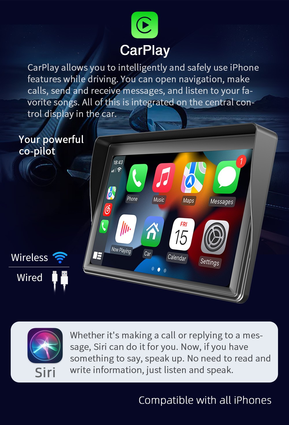 7″ Portable WIFI Wireless Carplay Android Auto Car Radio MP5 Player Type-C US
