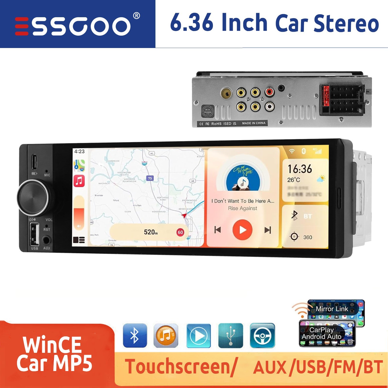 Wireless CarPlay Android Auto 6.36″ IPS Single DIN Car Stereo Radio FM Bluetooth