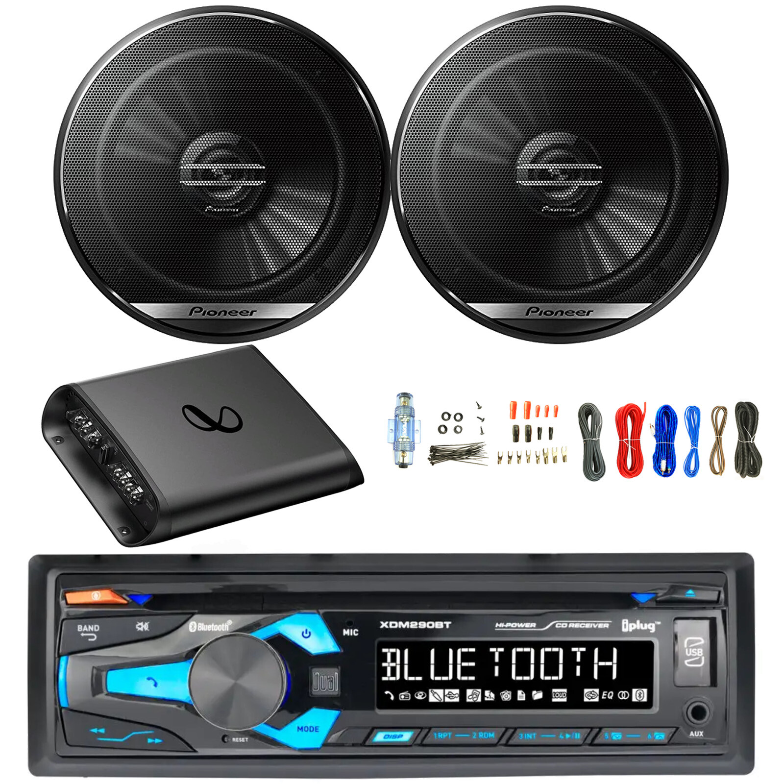 In-Dash USB Bluetooth AM/FM MP3 CD Receiver, 2x 6.5″ 300W Speakers, Amp w/Kit