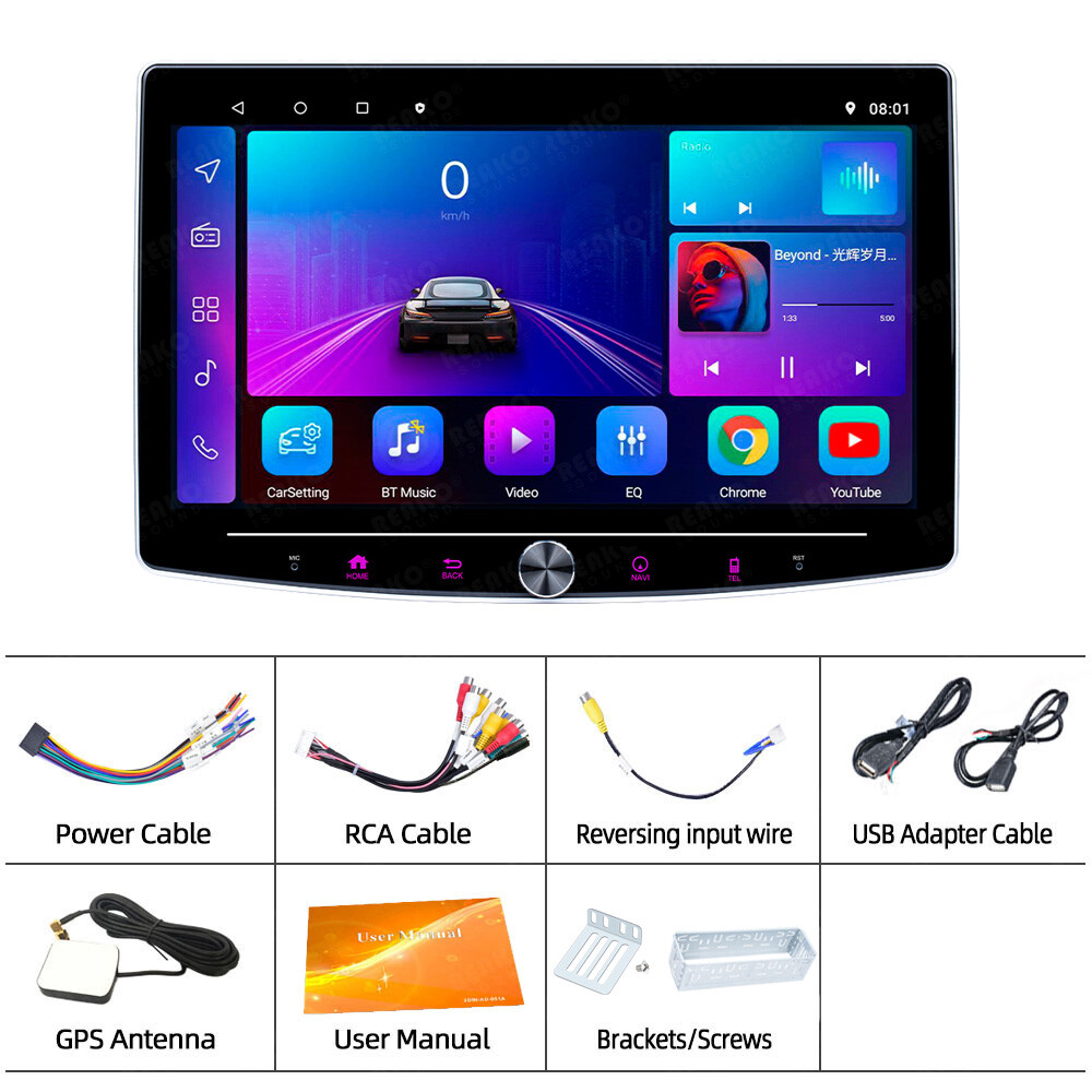 Single 1 DIN Rotatable 10.1” Android 12 Touch Screen Car Stereo Radio GPS Wifi