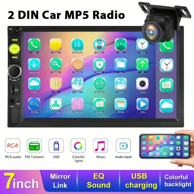 7″ Double 2 DIN Car MP5 Player Bluetooth Touch Screen Stereo Radio With Camera（