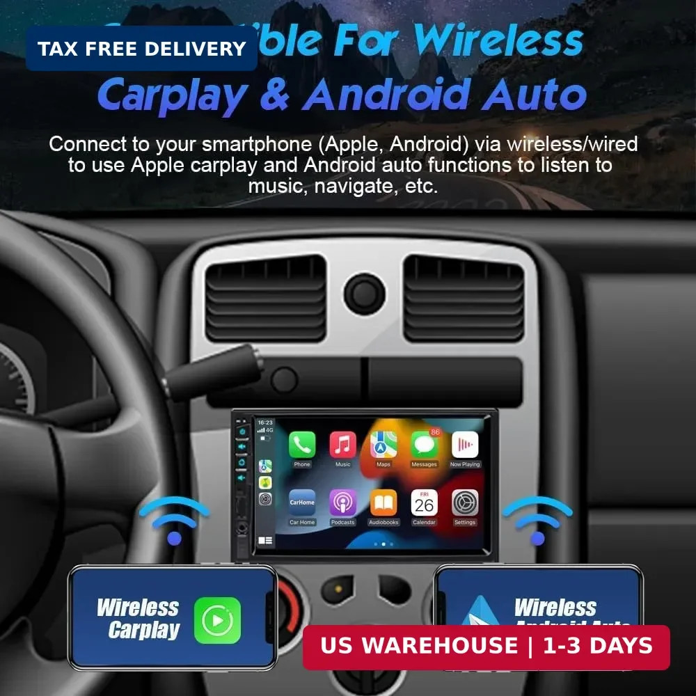 Wireless Apple Carplay Android Auto 2 Din Car Radio Voice Control Bluetooth 5.2