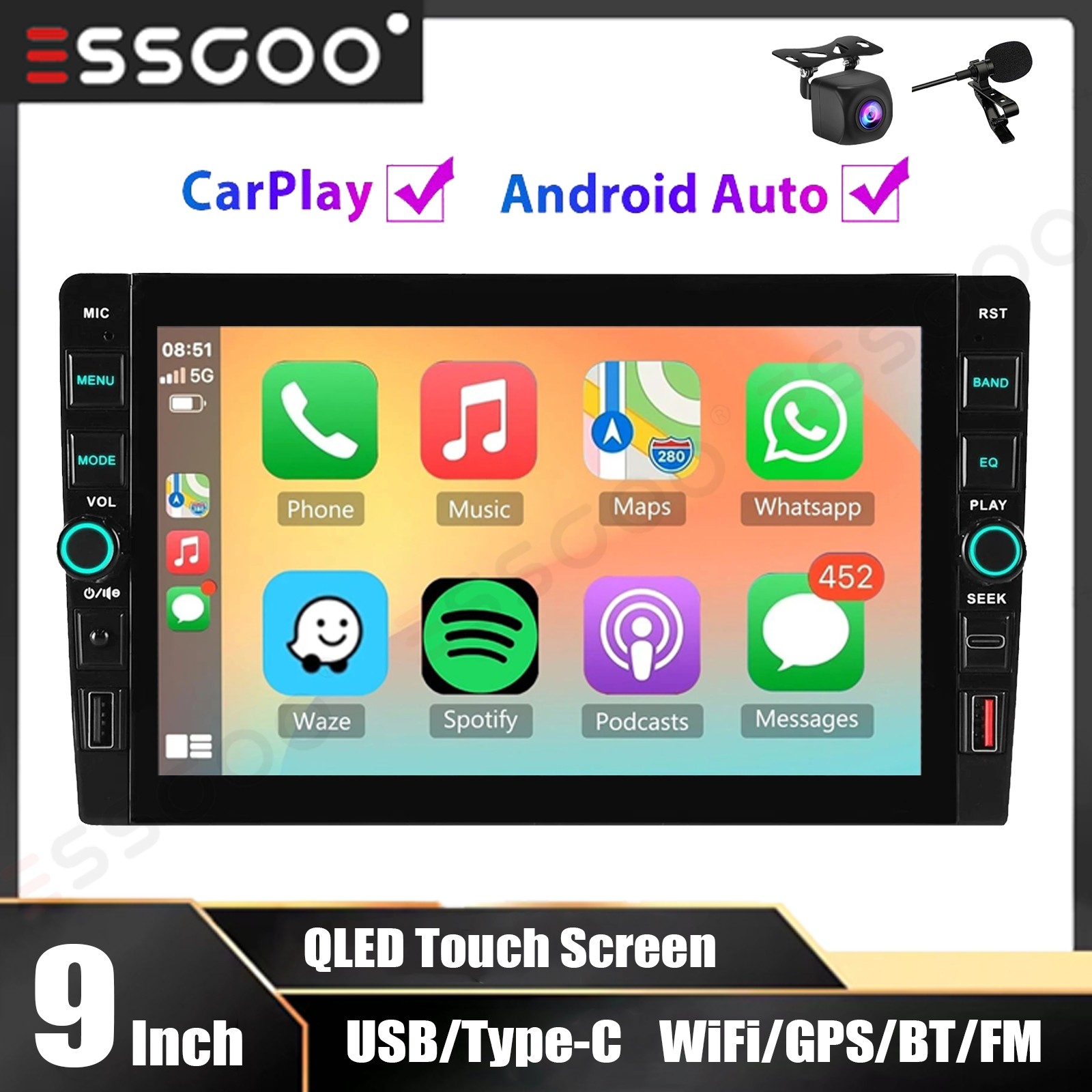 9″ 2DIN Car Stereo Radio 4+64GB Carplay QLED Touch Screen USB Bluetooth+MIC&Cam