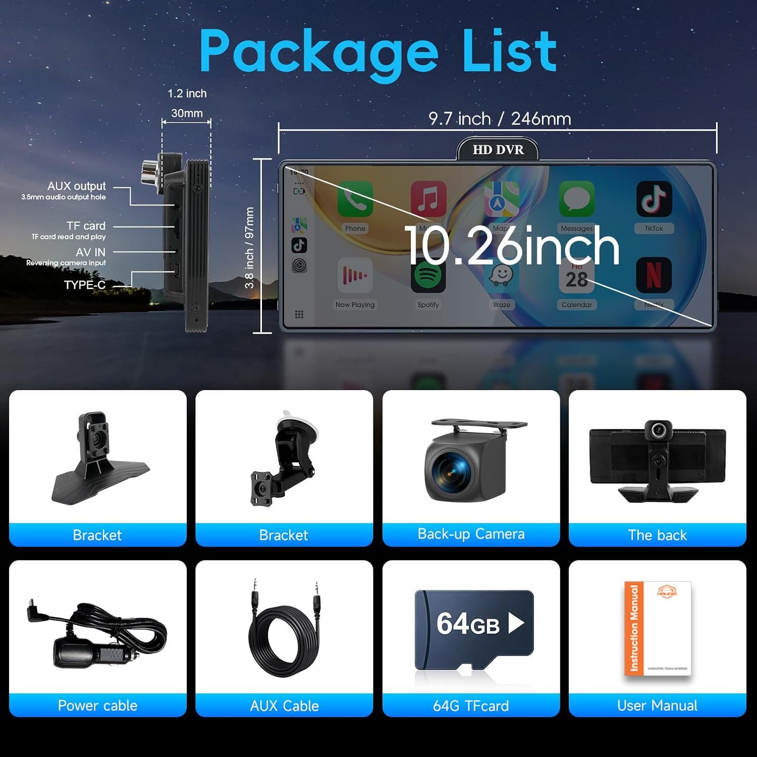10.26″ Portable Wireless Carplay & Android Auto Display with Dash Cam & Backup C