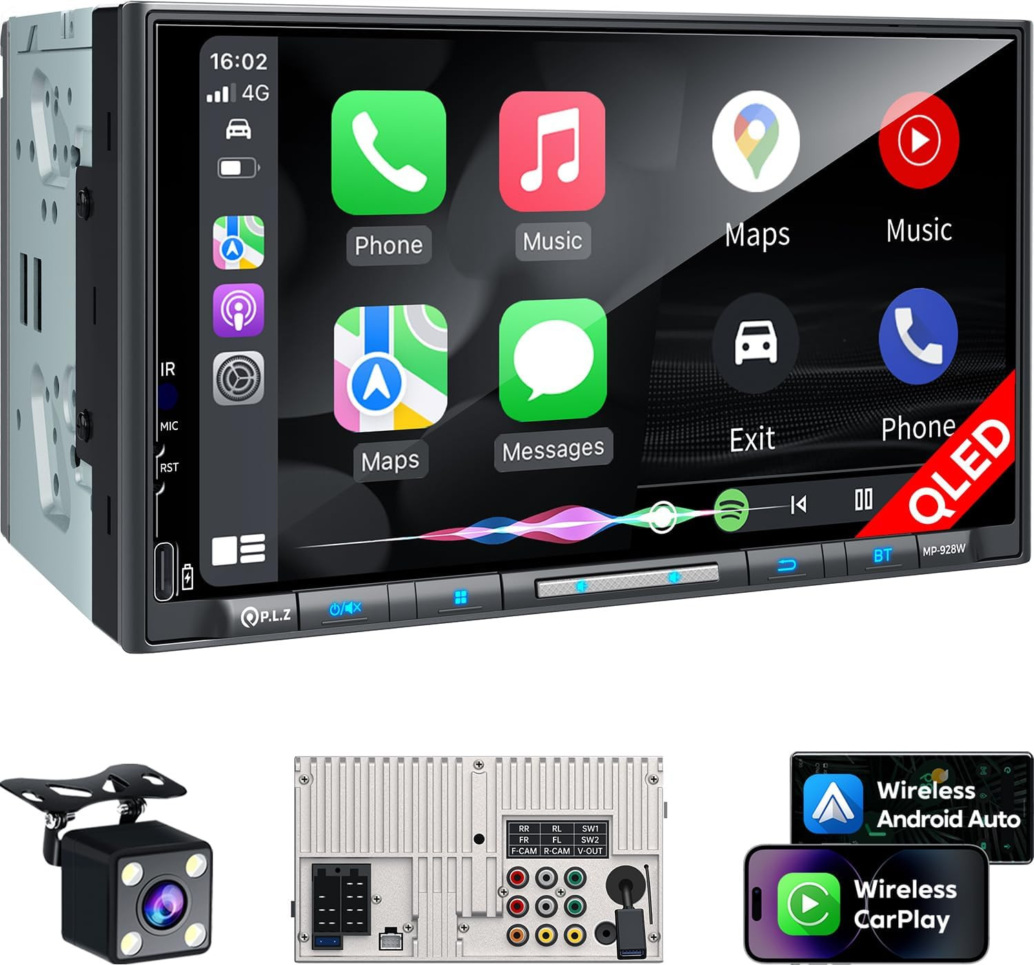 PLZ 7″ Wireless Double Din Car Stereo Apple Carplay Radio QLED Screen for Car, A