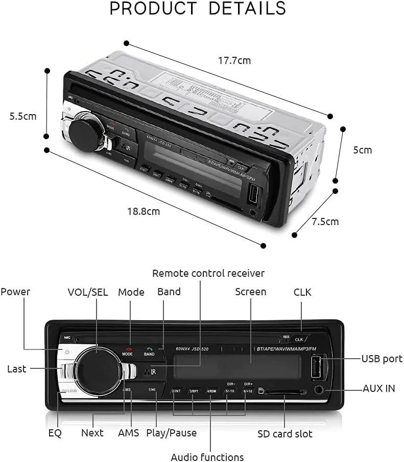 Bluetooth Car Stereo Audio In-Dash FM Aux Input Receiver SD USB MP3 Radio Player