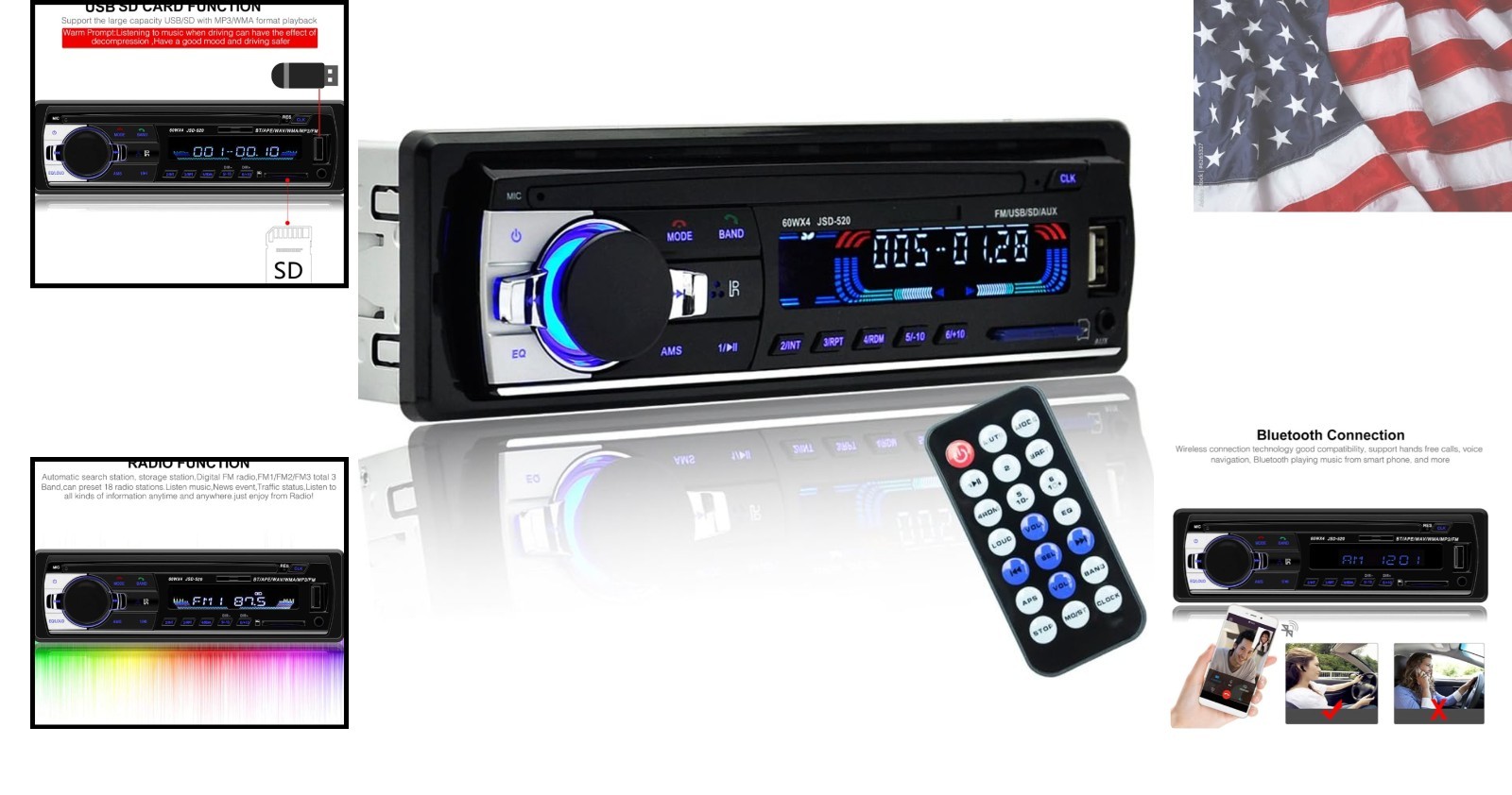 1 Din Bluetooth Audio Receiver with RDS, Dual USB, and AUX Input – Compact Fit