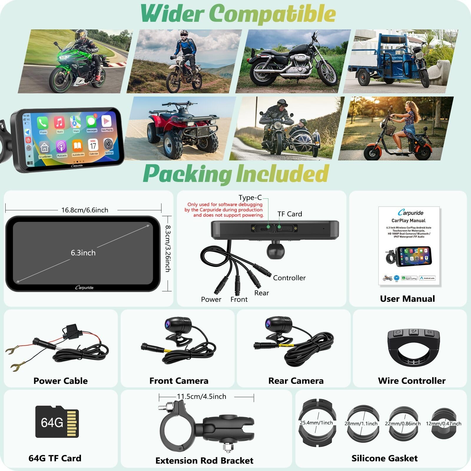 Carpuride W603D Motorcycle GPS Carplay Screen, Wireless carpuride 6.3 inch
