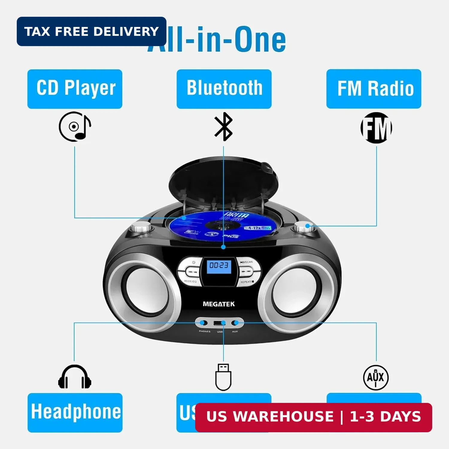 MEGATEK Portable CD Player Boombox with FM Radio, Bluetooth, USB Port, AUX Input