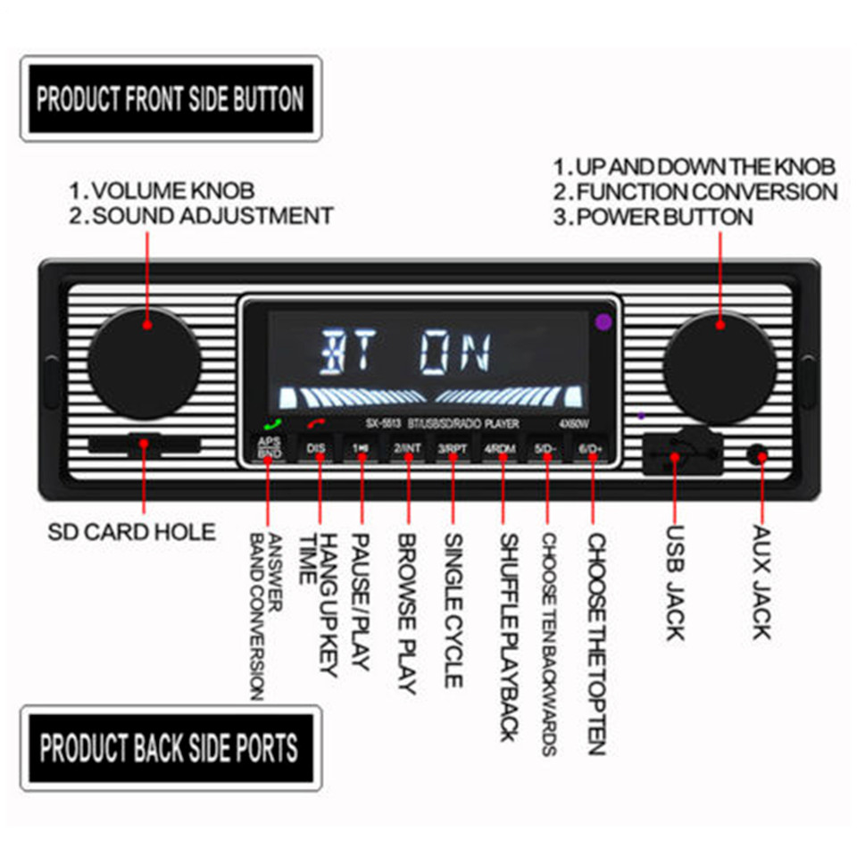 4-Channel Vintage Car Radio Stereo Bluetooth MP3 Player FM AUX Head Unit Remote