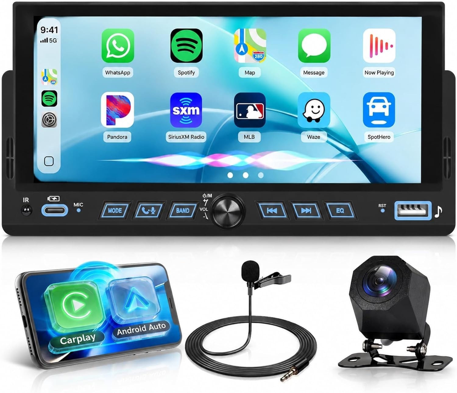 Single Din Car Stereo with Wireless CarPlay and Android Auto, 6.86″ Touchscre…