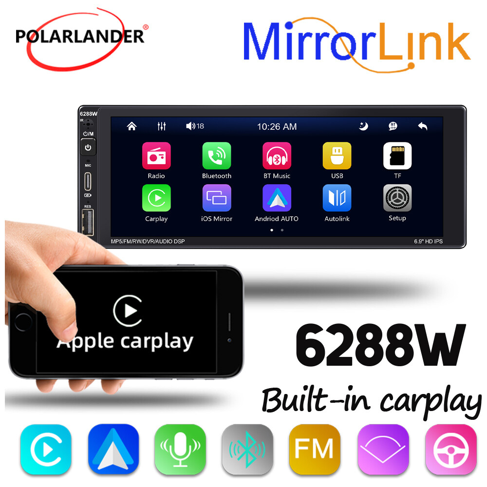 6.9″ 1 Din Car Stereo Carplay Android Auto Bluetooth Type-C Charge USB/AUX Radio