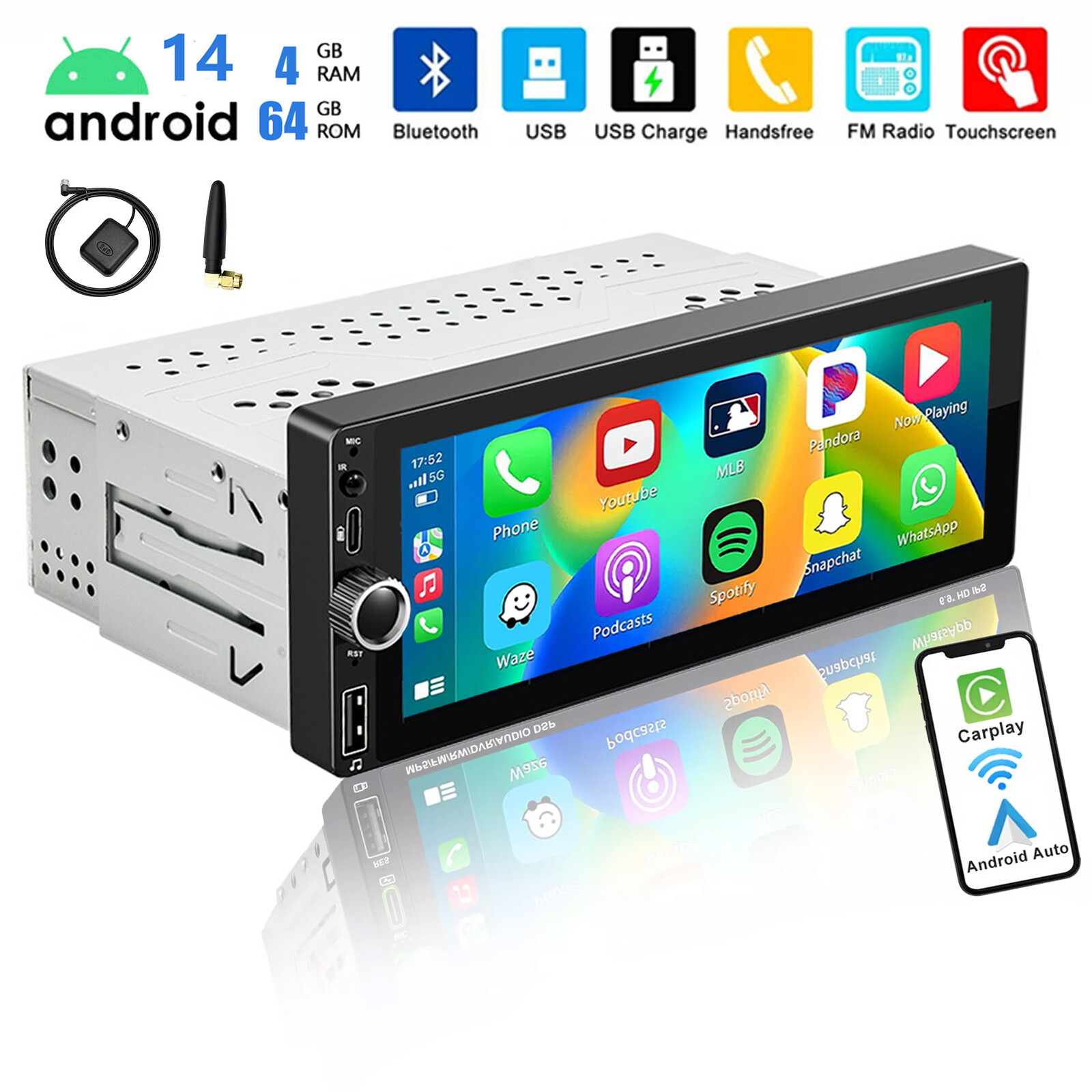 Single 1 Din 6.86″ Car Stereo Radio Apple CarPlay Android 14 2+64G BT FM GPS USB