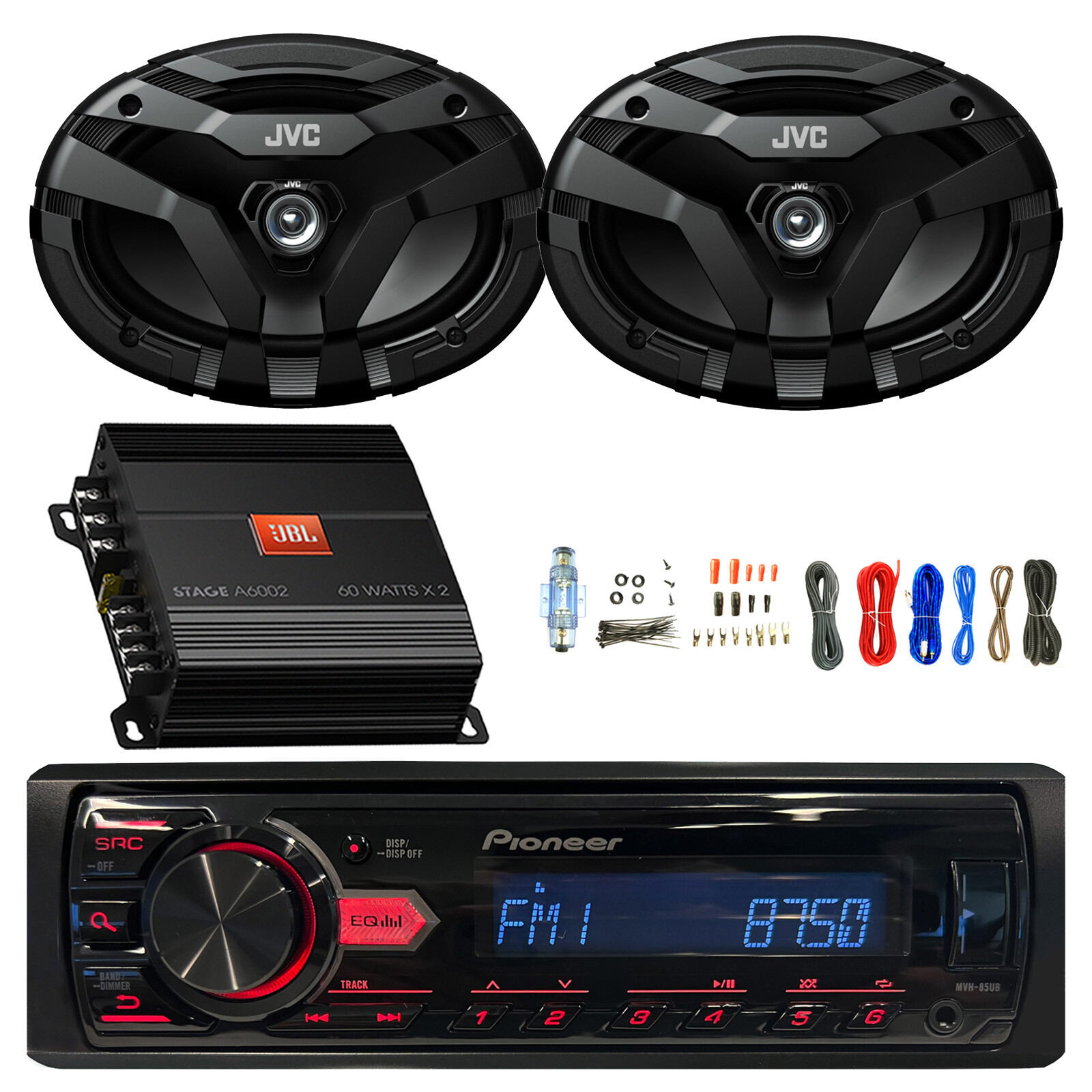 Pioneer Single DIN Stereo AM/FM MP3 Receiver, 2x 6×9″ 400W Speaker, Amp w/Kit