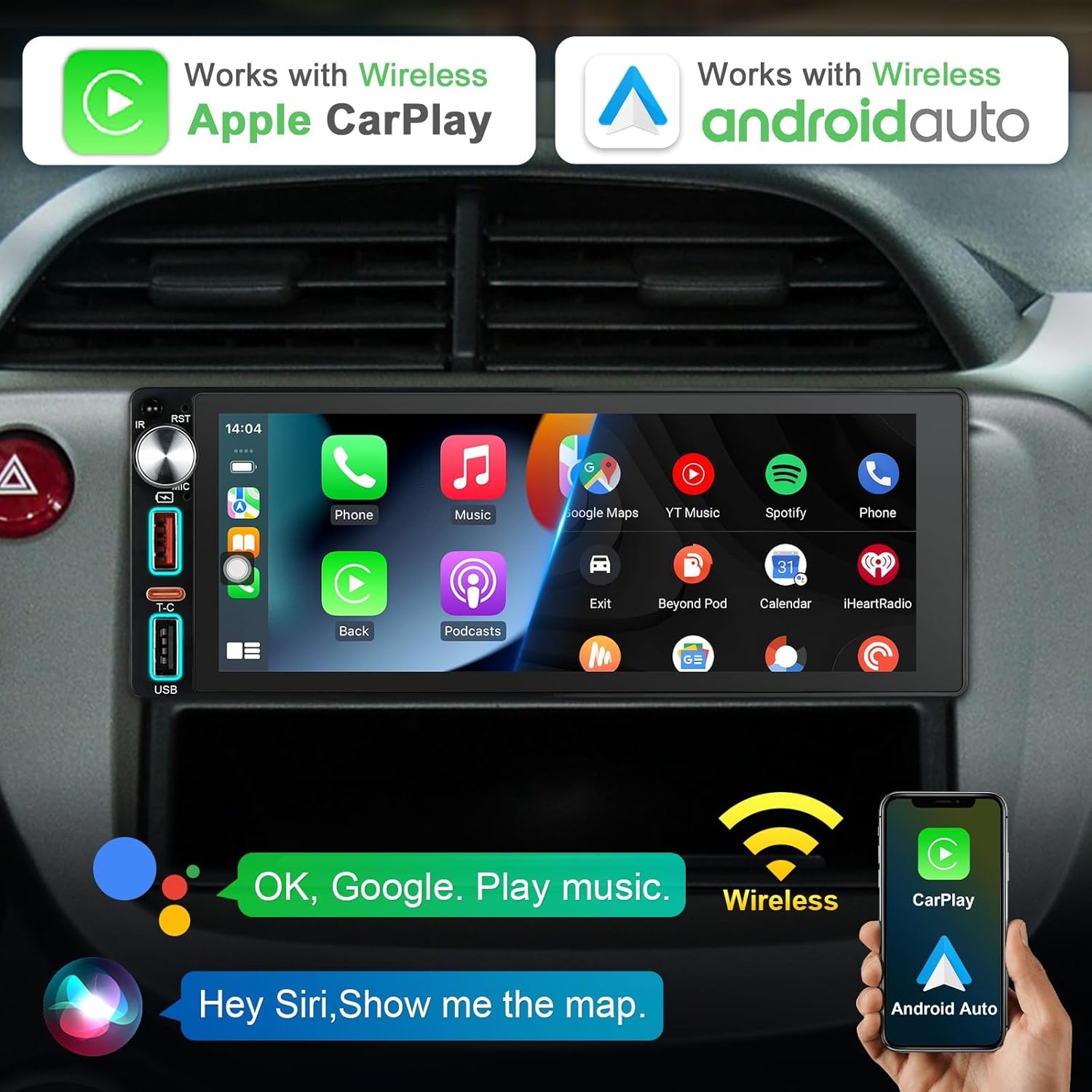 6.9 Inch Single Din Touchscreen Radio with Wireless Apple CarPlay & Android Auto