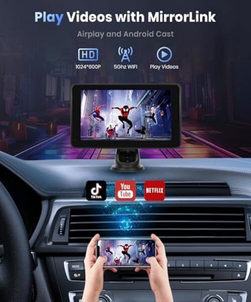 Wireless Carplay Screen for Car,7inch 1080P HD IPS Touch Screen Portable Car