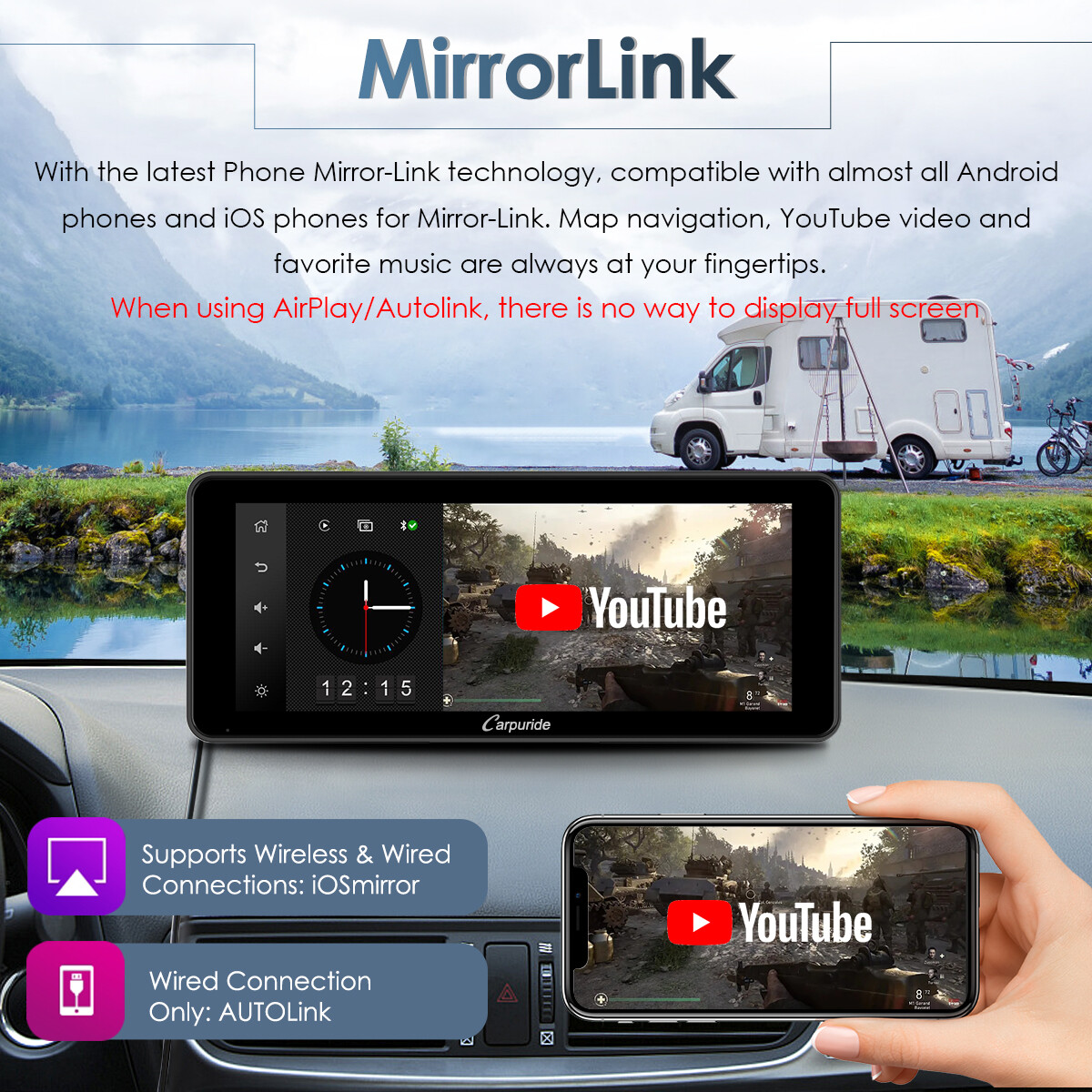 Carpuride W609 Portable Carplay Android Auto Multimedia Dashboard Console AUX FM