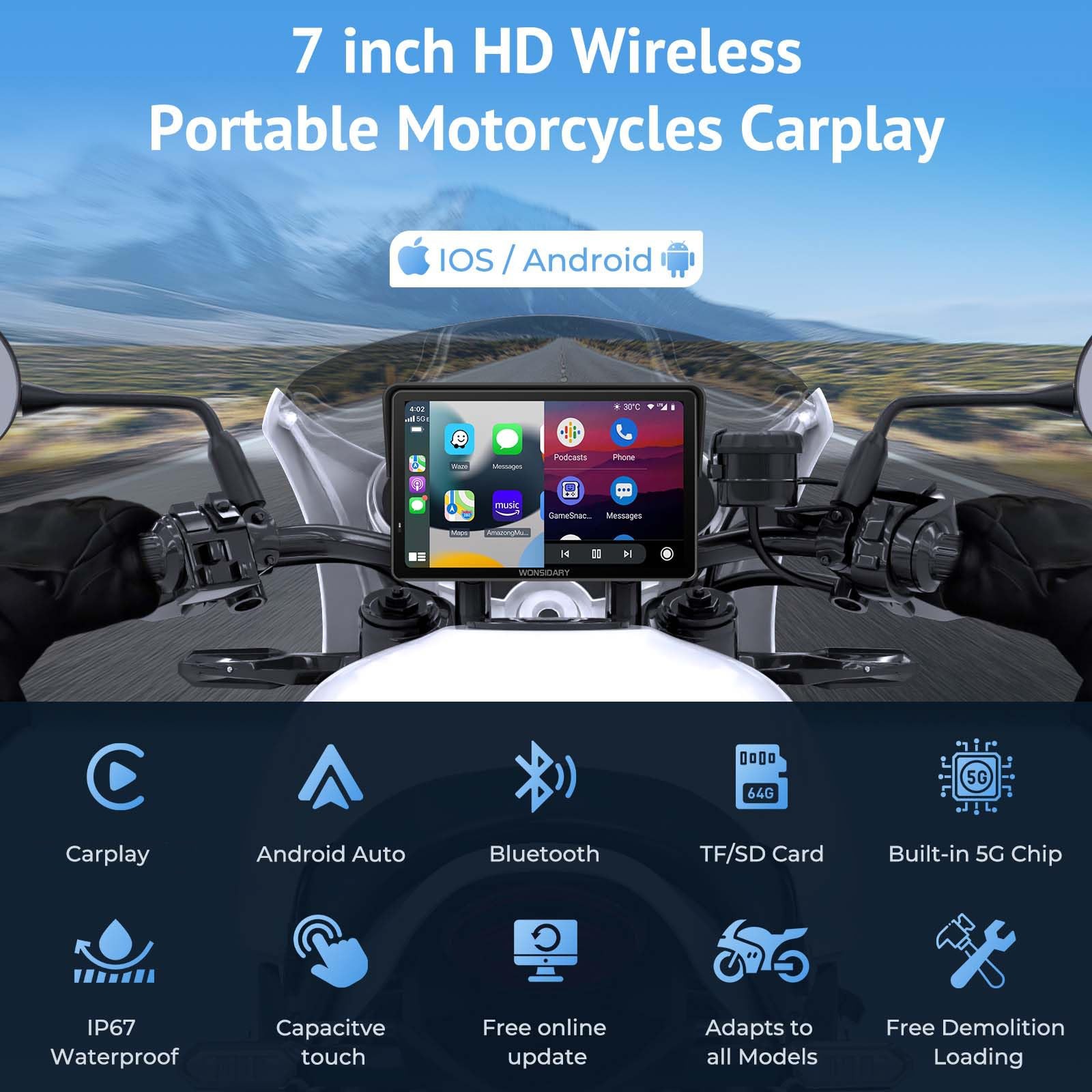 Wonsidary W722 for Motorcycle CarPlay & Android Auto,7″ Waterproof Smart