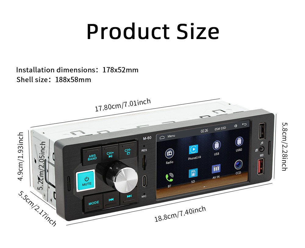 4.1in 1DIN Carplay Car Stereo Radio MP5 FM60 Type-C Bluetooth Mirror Link