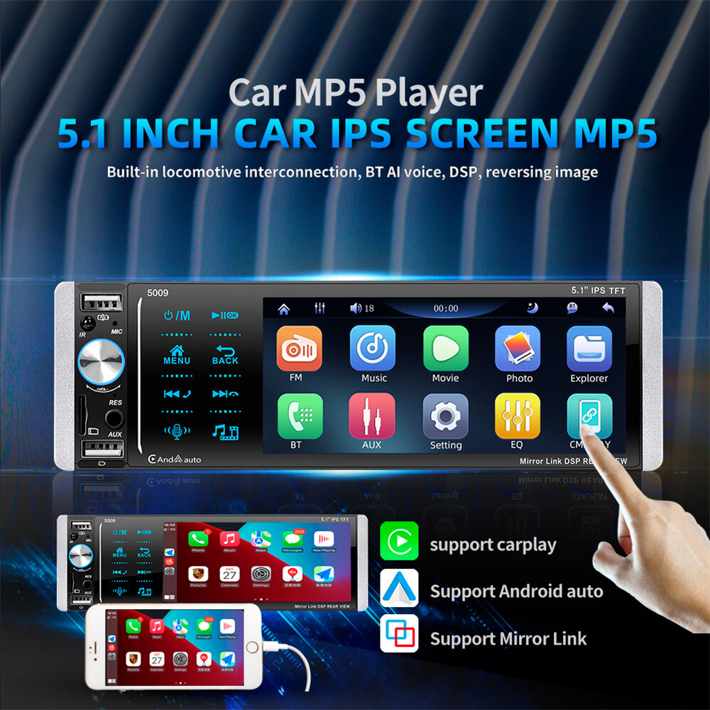 5.1in Car Radio Stereo Receiver 1 DIN MP5 Player Bluetooth For Apple Carplay