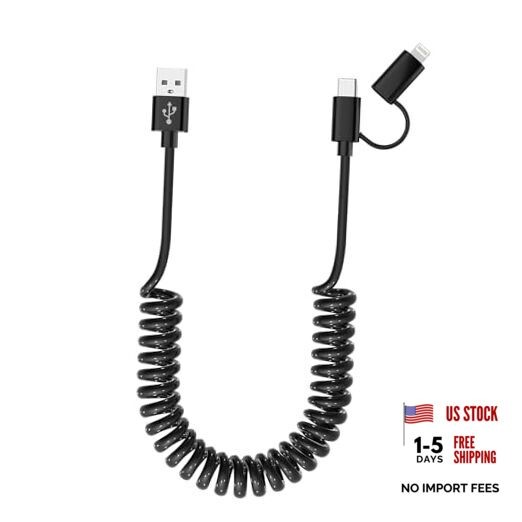 USB to USB-C and Lightning Cable Combo 2 in 1 Coiled Cable Support Apple Black