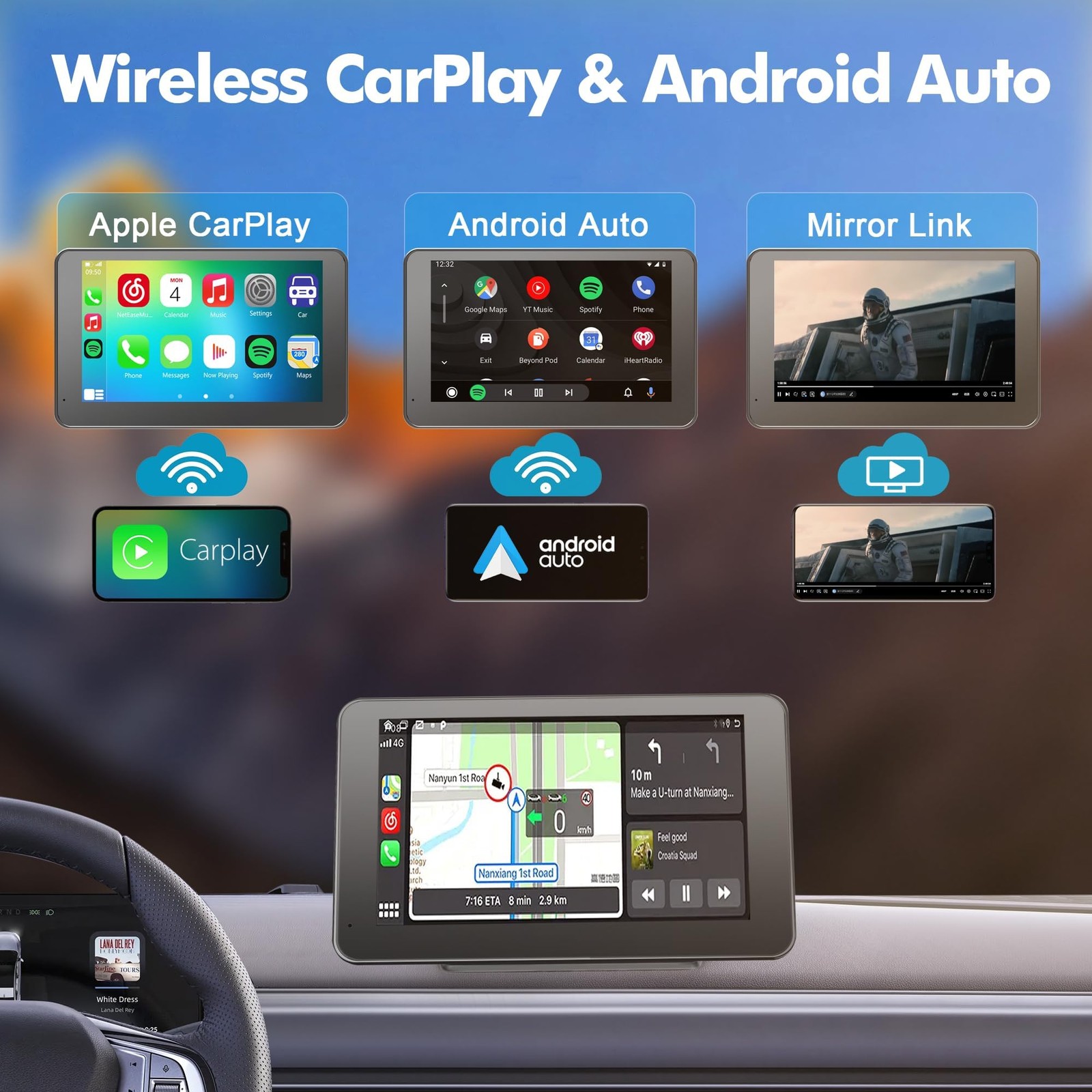 7″ Wireless Carplay & Android Auto Screen Bluetooth 5.0 Marine Stereo