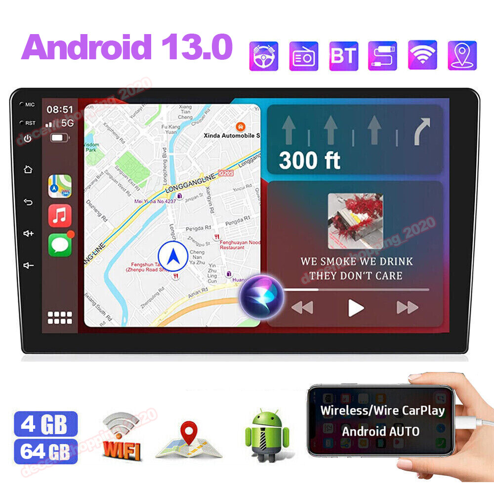 4+64GB 2DIN Rotatable 10.1” Android 13 Touch Car Stereo Radio GPS Wifi Carplay