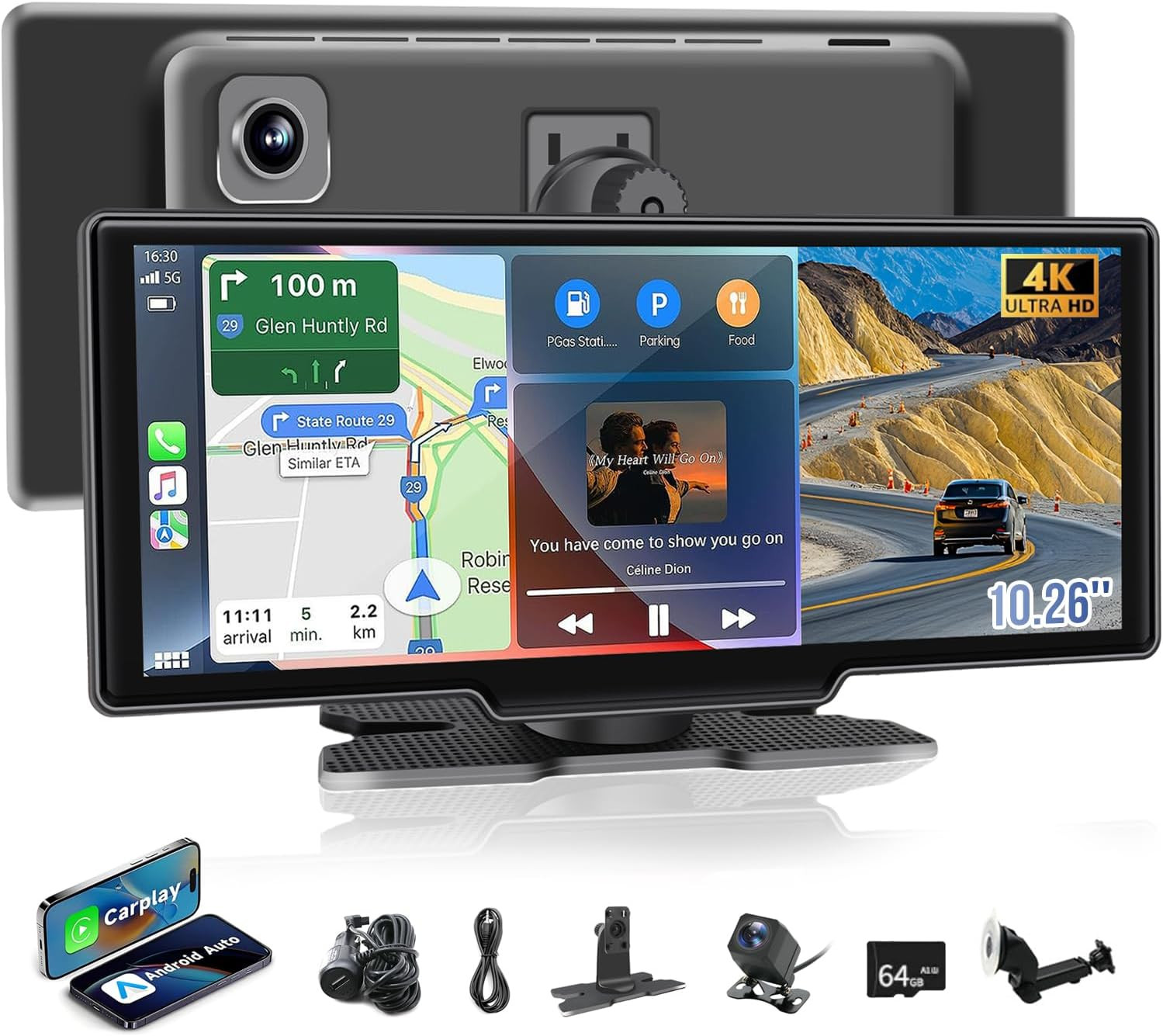10.26″ Wireless Carplay Screen with 4K Dash Cam & 1080P Rear Camera | Portable C