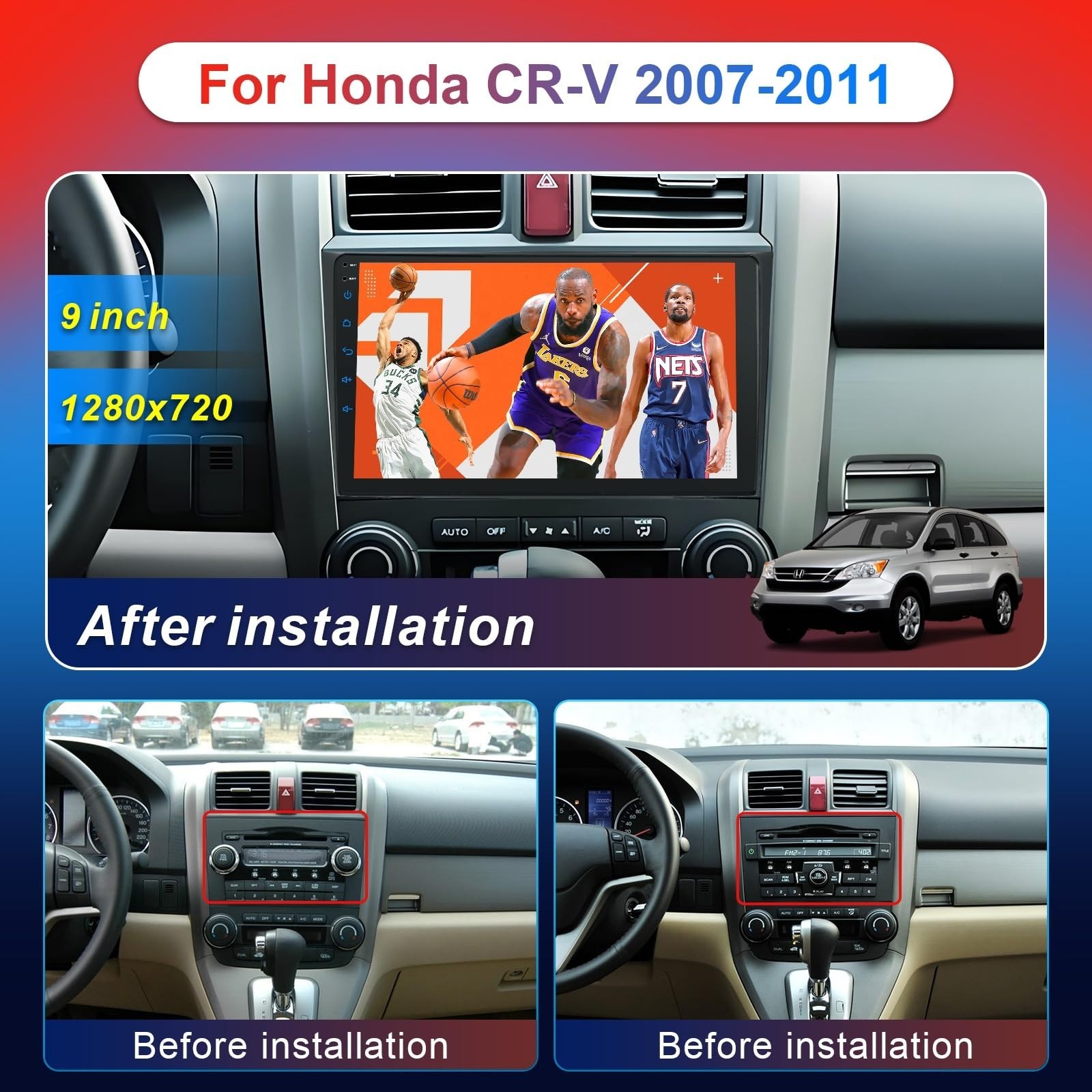9″ Touch Screen Car Stereo for Honda CRV 2007-2011, Wireless CarPlay, Android Au