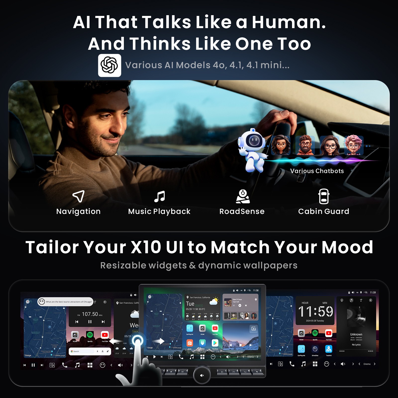 12.9″ QLED AI Android 1Din Car Stereo Floating Screen 8G+128G Navi 4G LTE 36B-EQ