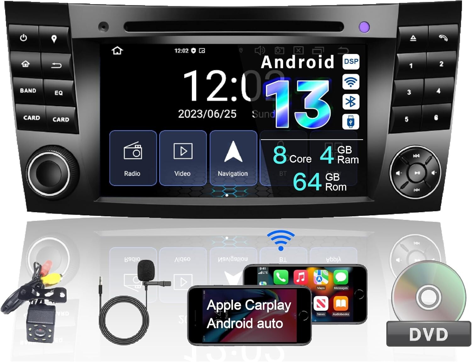 AMASE AUDIO Real Android 13 Octa Core (4GB+64GB) Car Radio, in-Dash DVD Player