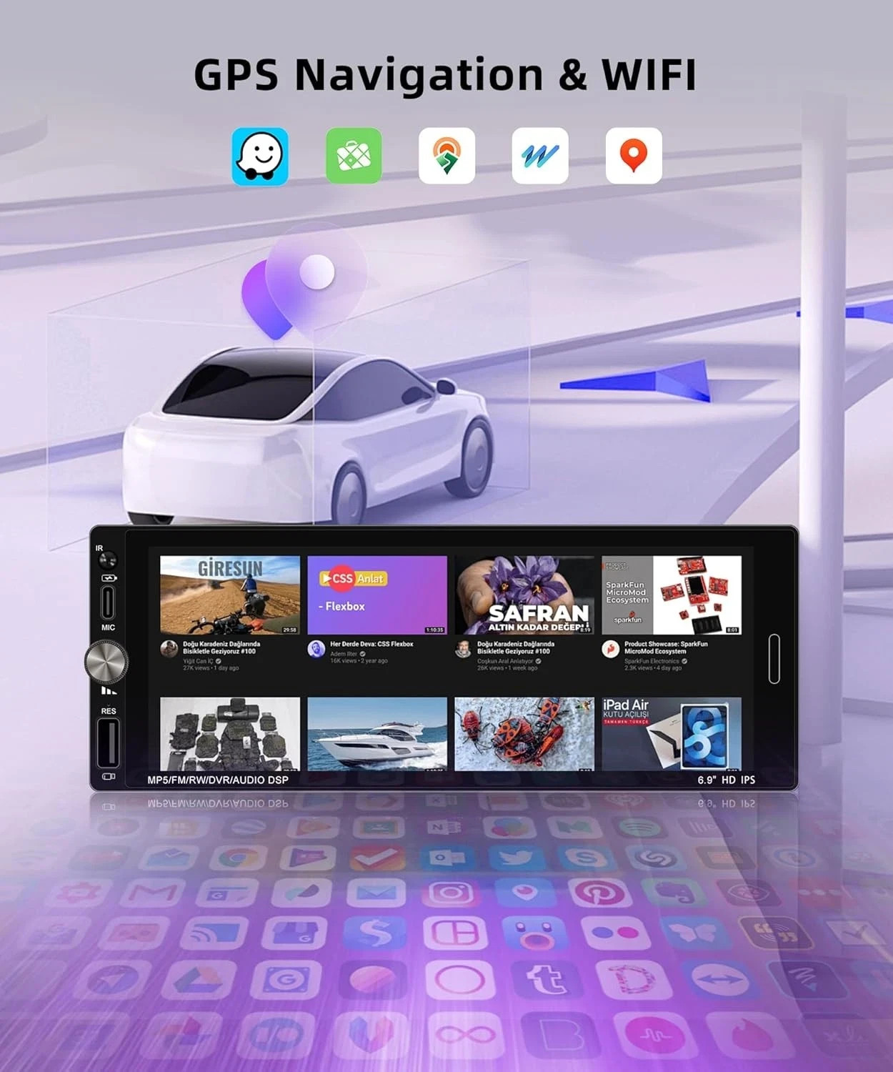 Car Stereo Single Din Wireless Carplay 6.9 inch Touch Screen Android Auto, Rimoo