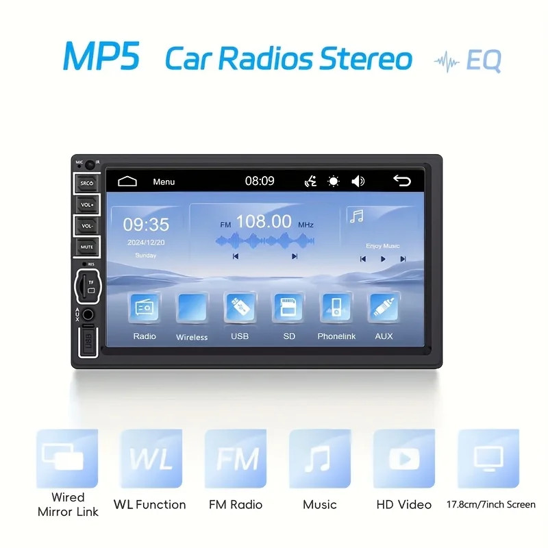 HD Car Stereo with Wireless FM,MP5 Player,USB/SD/AUX Input,SWC,IR Remote Control