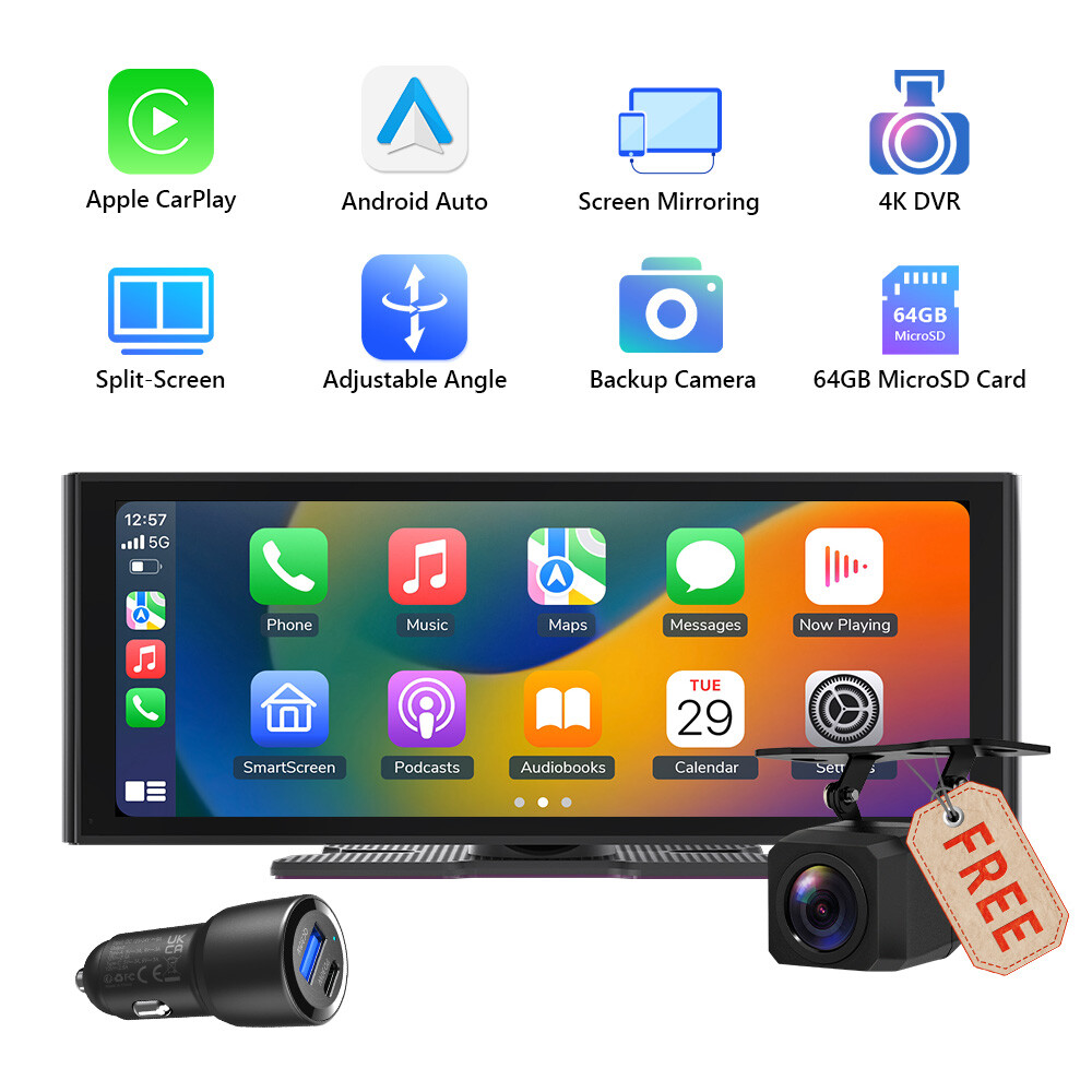 10.2″Touch Screen Wireless Apple Carplay Portable Car Stereo Android Auto 4K+CAM