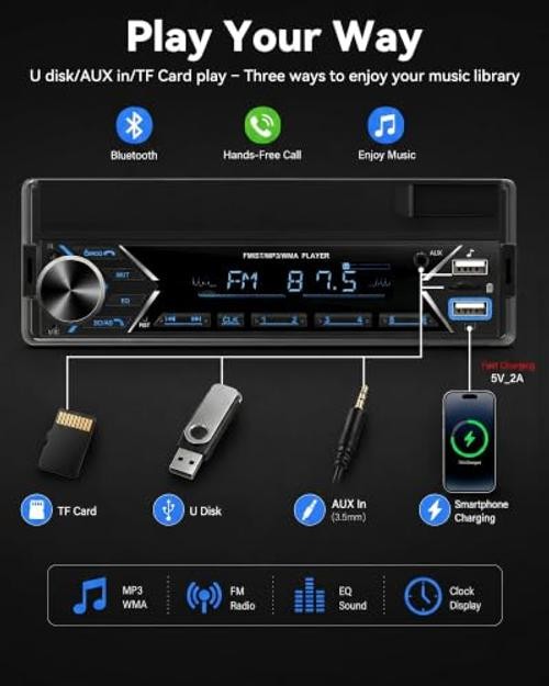 Single DIN Car Stereo Bluetooth Car Radio with FM/MP3/AUX Dual USB SWC P2
