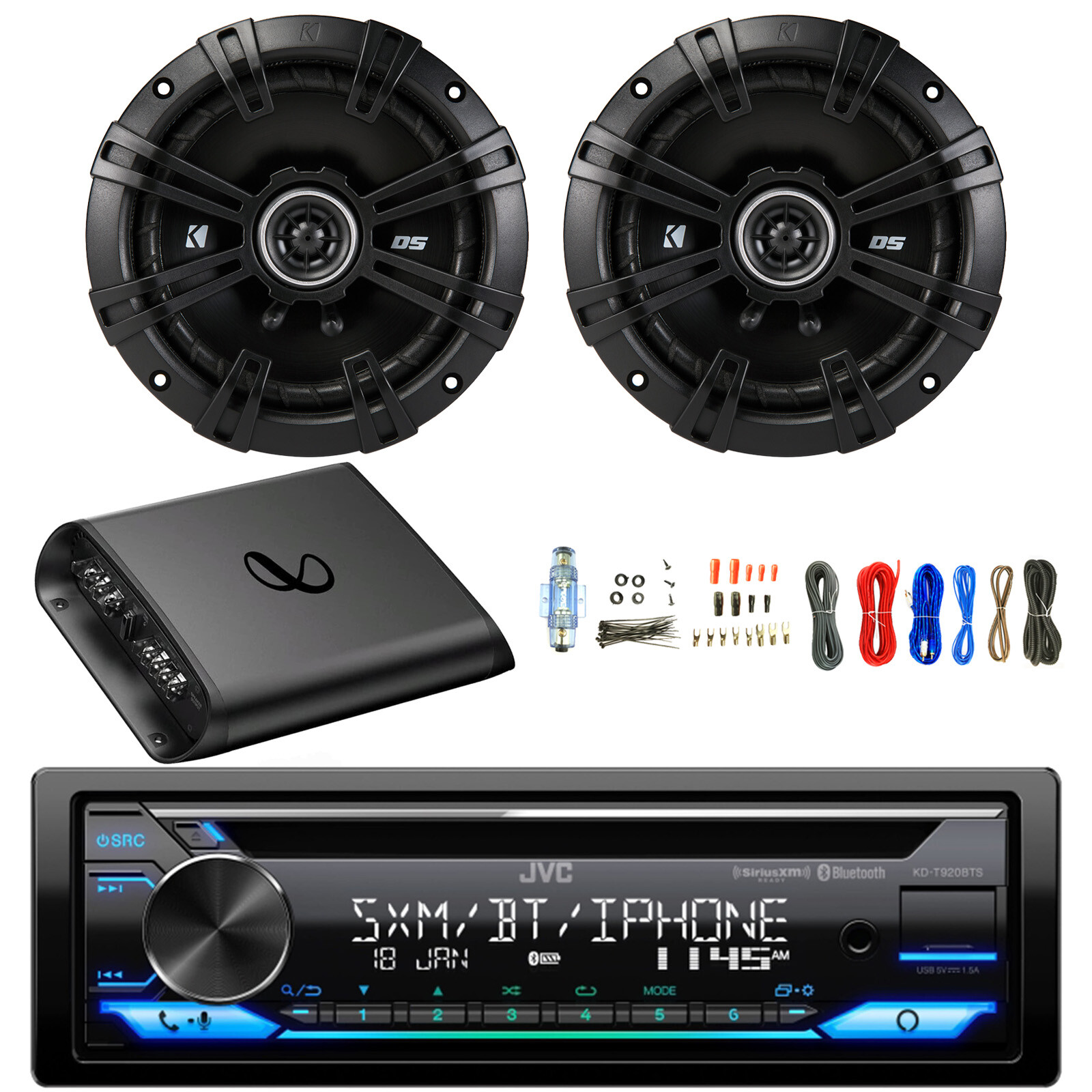 JVC Single DIN AM/FM Bluetooth CD Receiver, 2x 6.5″ 240W Speakers, Amp w/Kit