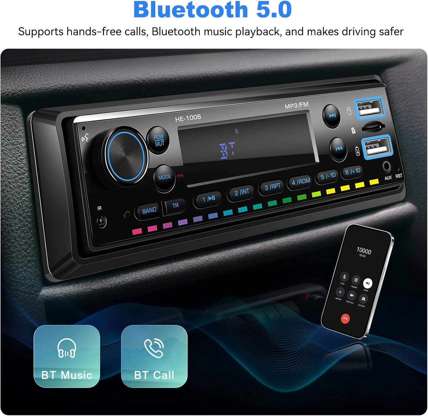 Single Din Car Stereo Bluetooth 5.0 Audio Radio with 64G Card FM Receiver Digita