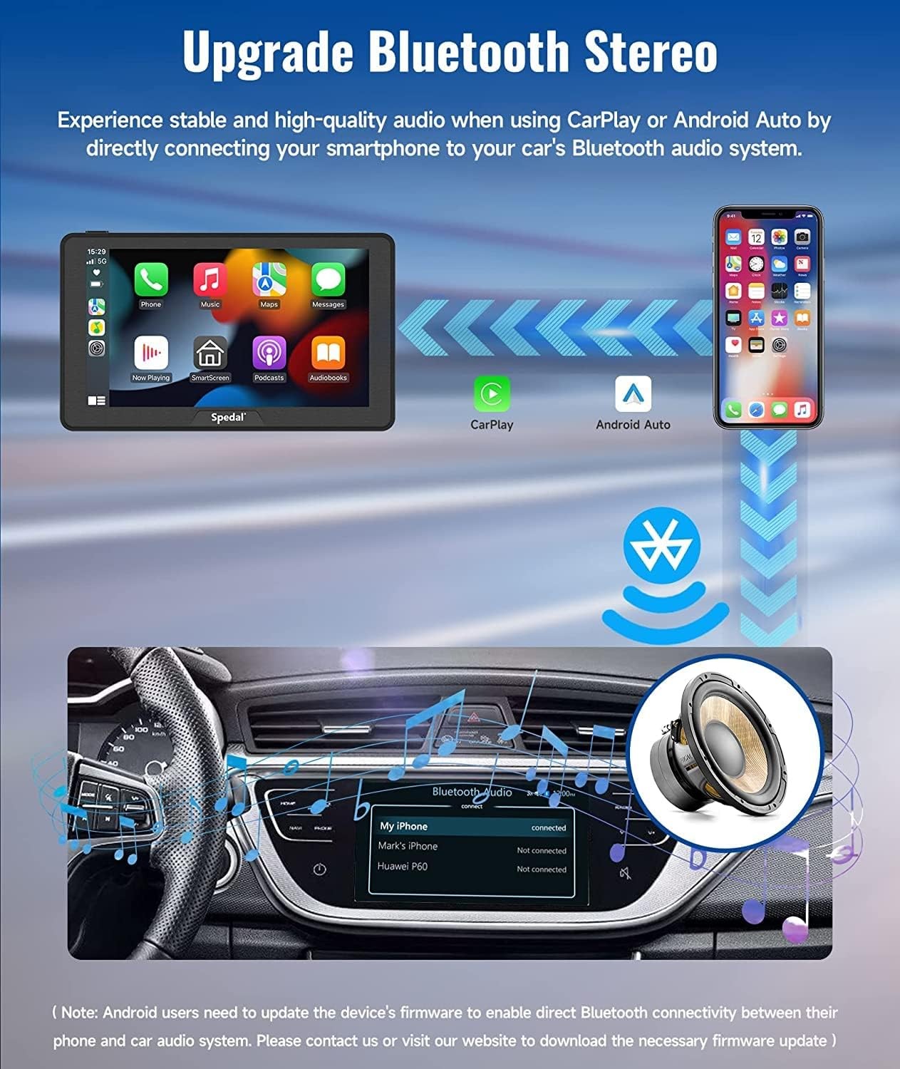 Spedal CL786 Car Stereo with Apple CarPlay, Android Auto, 7″ Touchscreen – Black