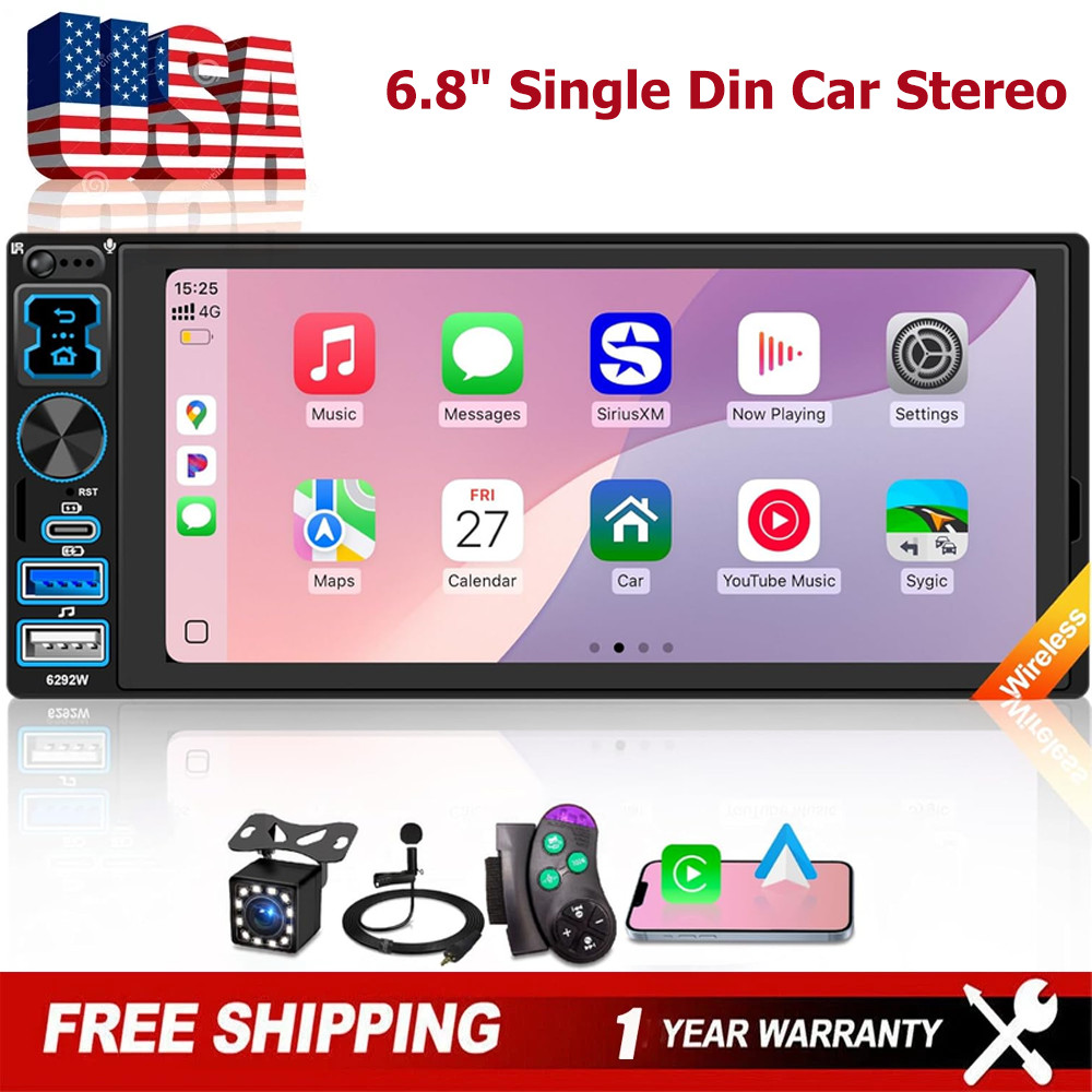 Single Din Car Stereo Wireless Apple CarPlay 6.8 touchscreen Bluetooth Radio USB