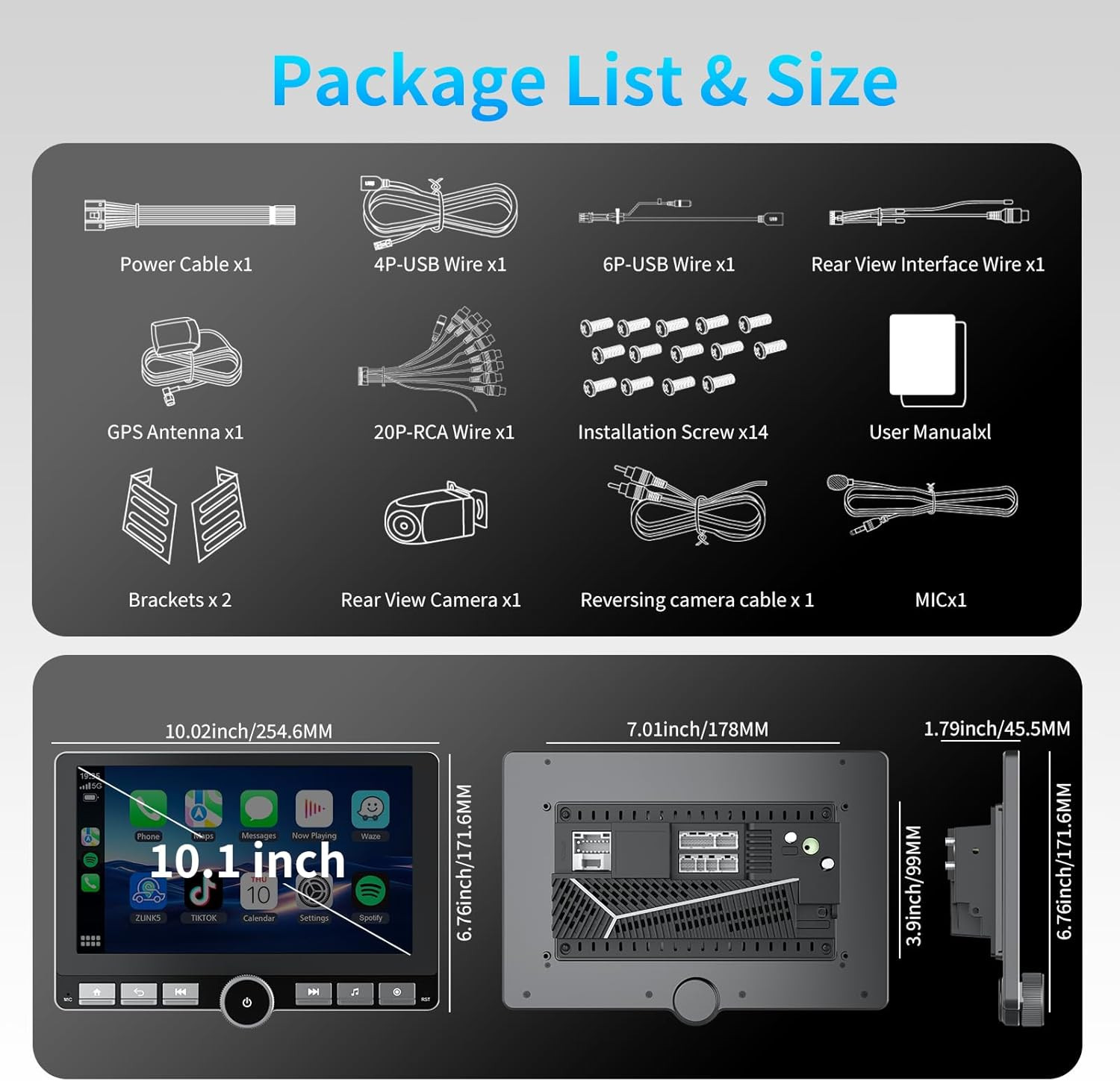 10.1” Double Din Car Stereo with Wireless Apple Carplay & Android Auto, with DS