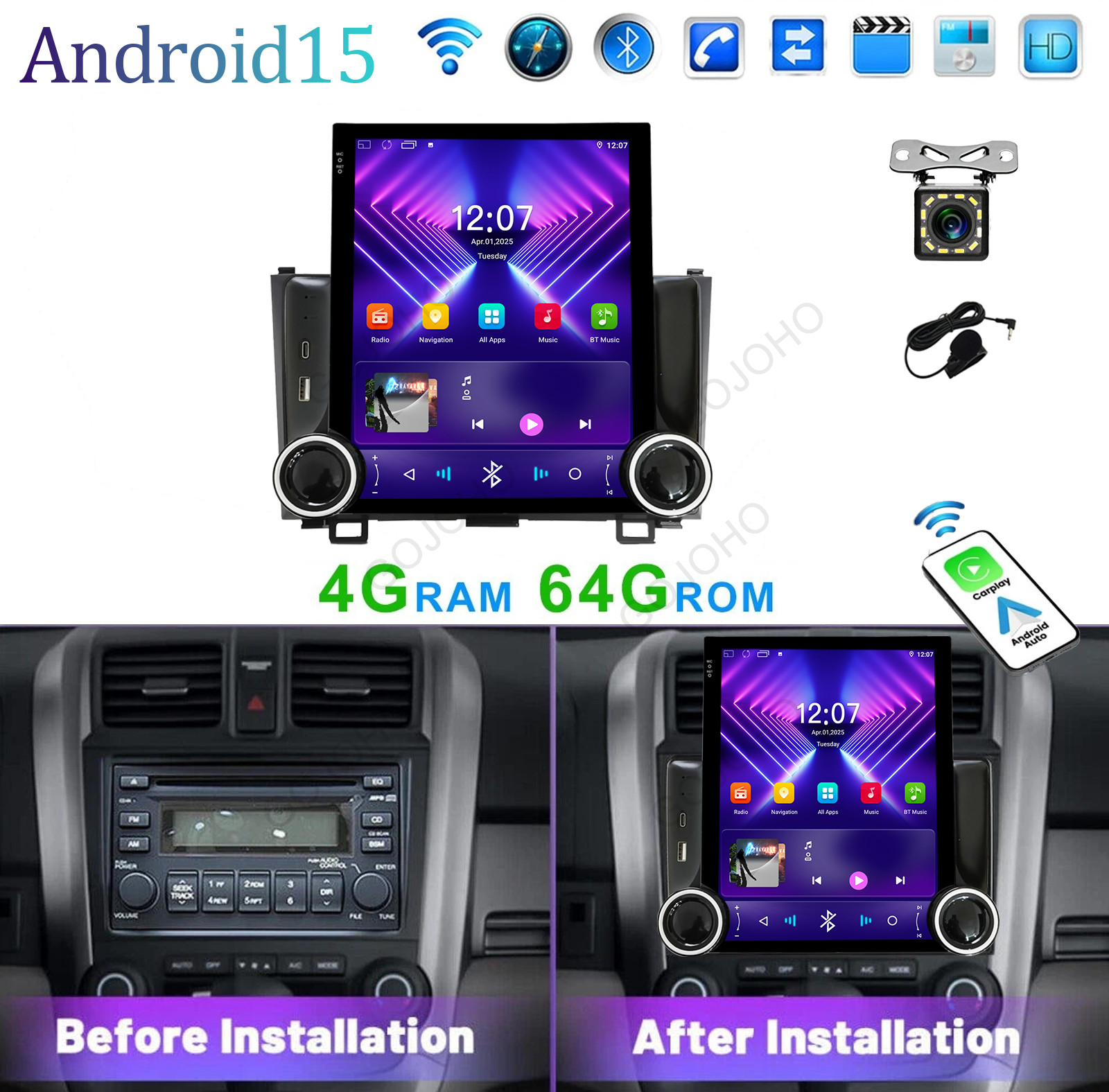 For 2007-2011 Honda CRV 4+64gb Wireless Carplay Car Radio Stereo Navi WiFi BT