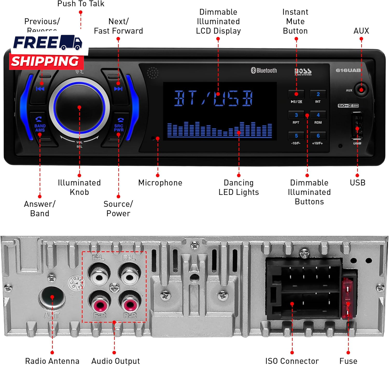616UAB Car Stereo with Bluetooth – Single DIN MP3 USB Aux-In AM/FM
