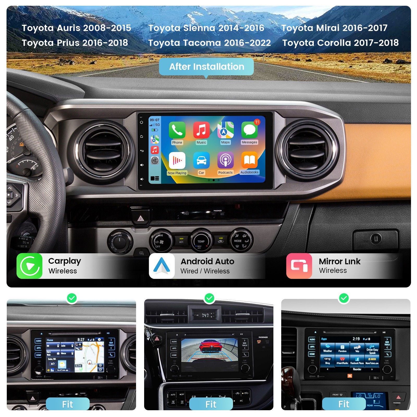 Roadanvi 9″ Car Stereo for Toyota Tacoma 16-22 /Corolla 17-18 /Sienna 14-16 GPS