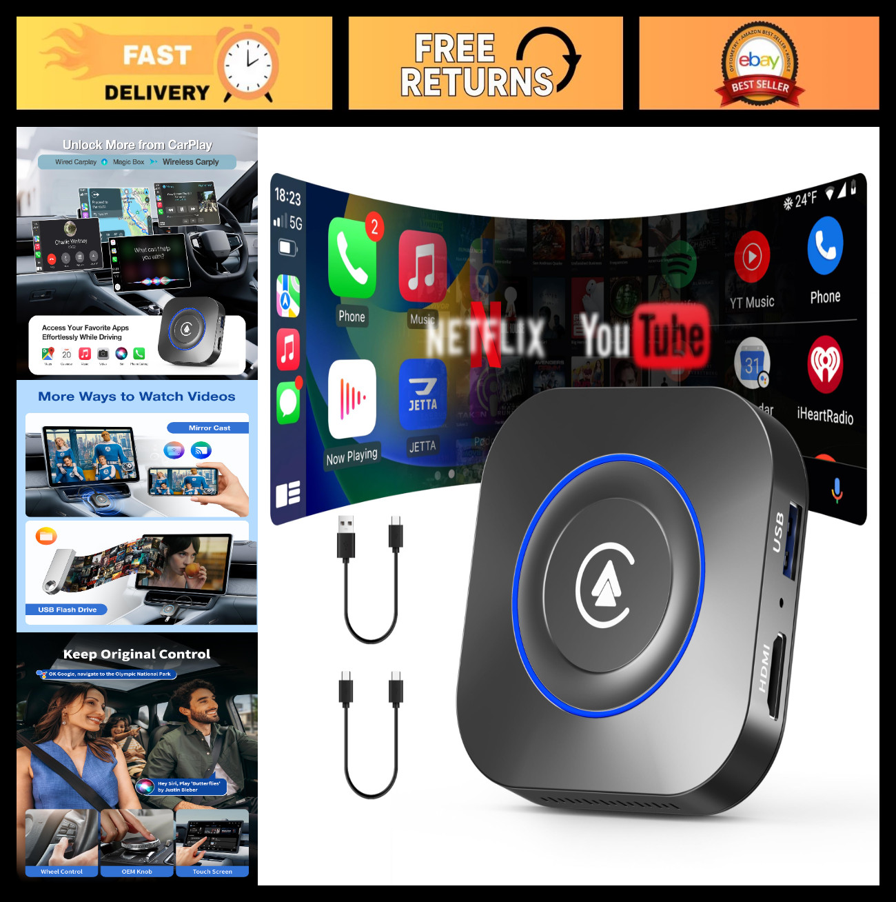 Wireless CarPlay Adapter, AI Box for Android Auto, Streaming Video, USB Media, S