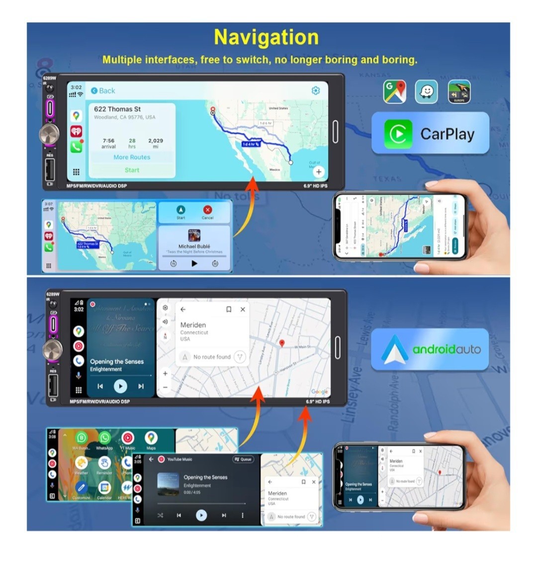 6.9″ Single DIN Car Radio with Wireless Apple CarPlay, Car Bluetooth 5.2, AM FM