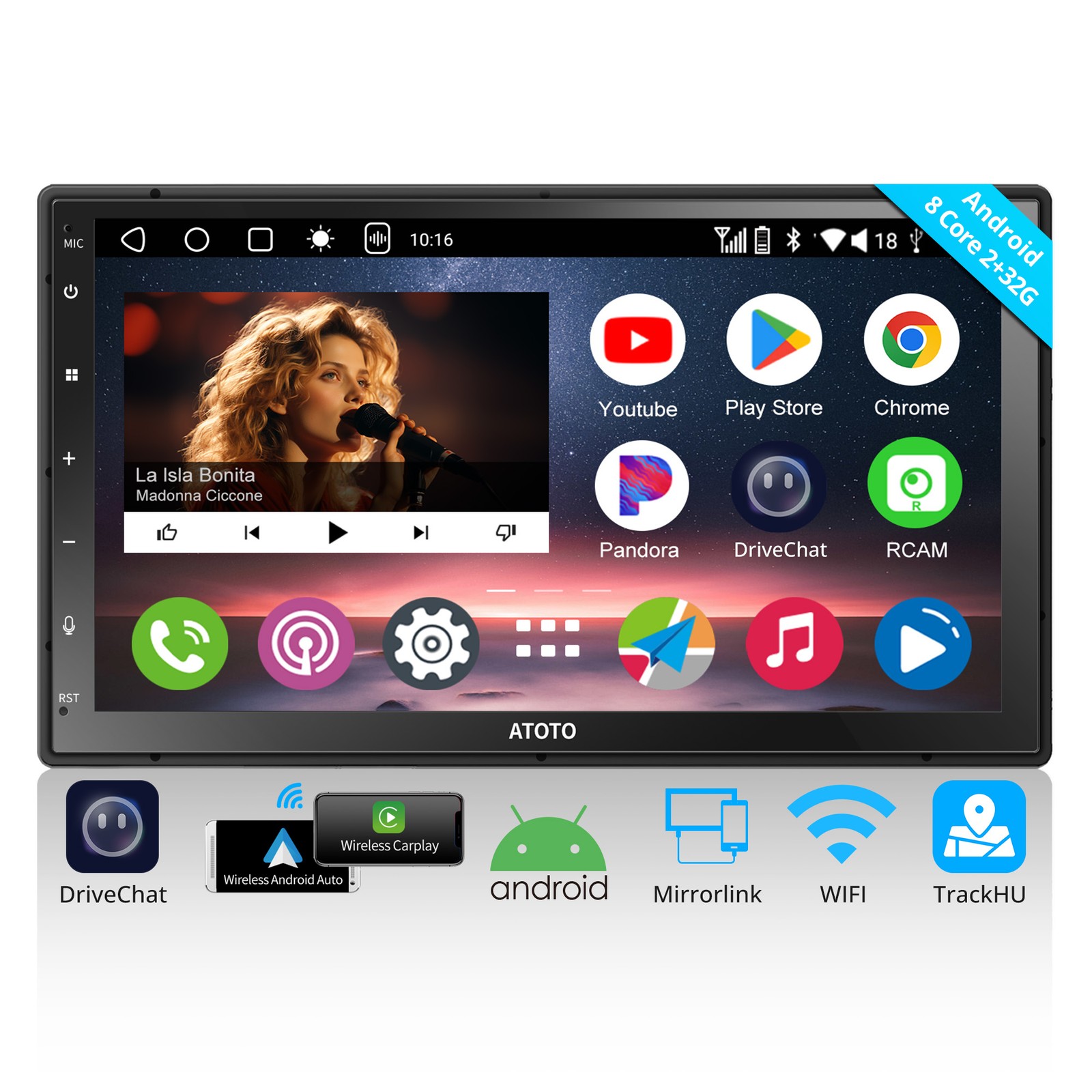ATOTO 7″ 2DIN Car Stereo DriveChat Touch Screen Carplay Android Auto Mirrorlink