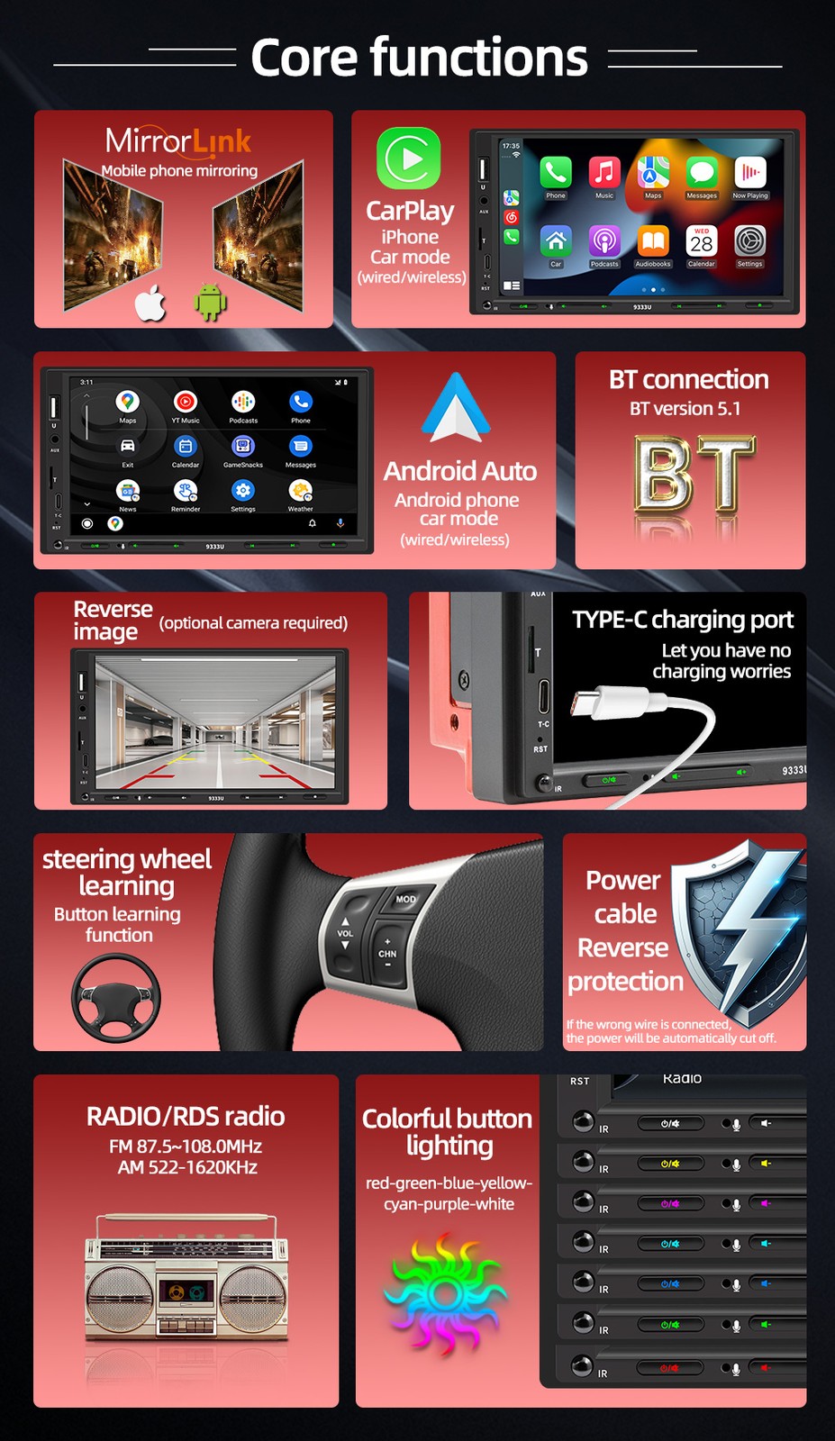 7″ Single 1Din Touch Screen Stereo Bluetooth Radio Car Apple/Android Carplay FM