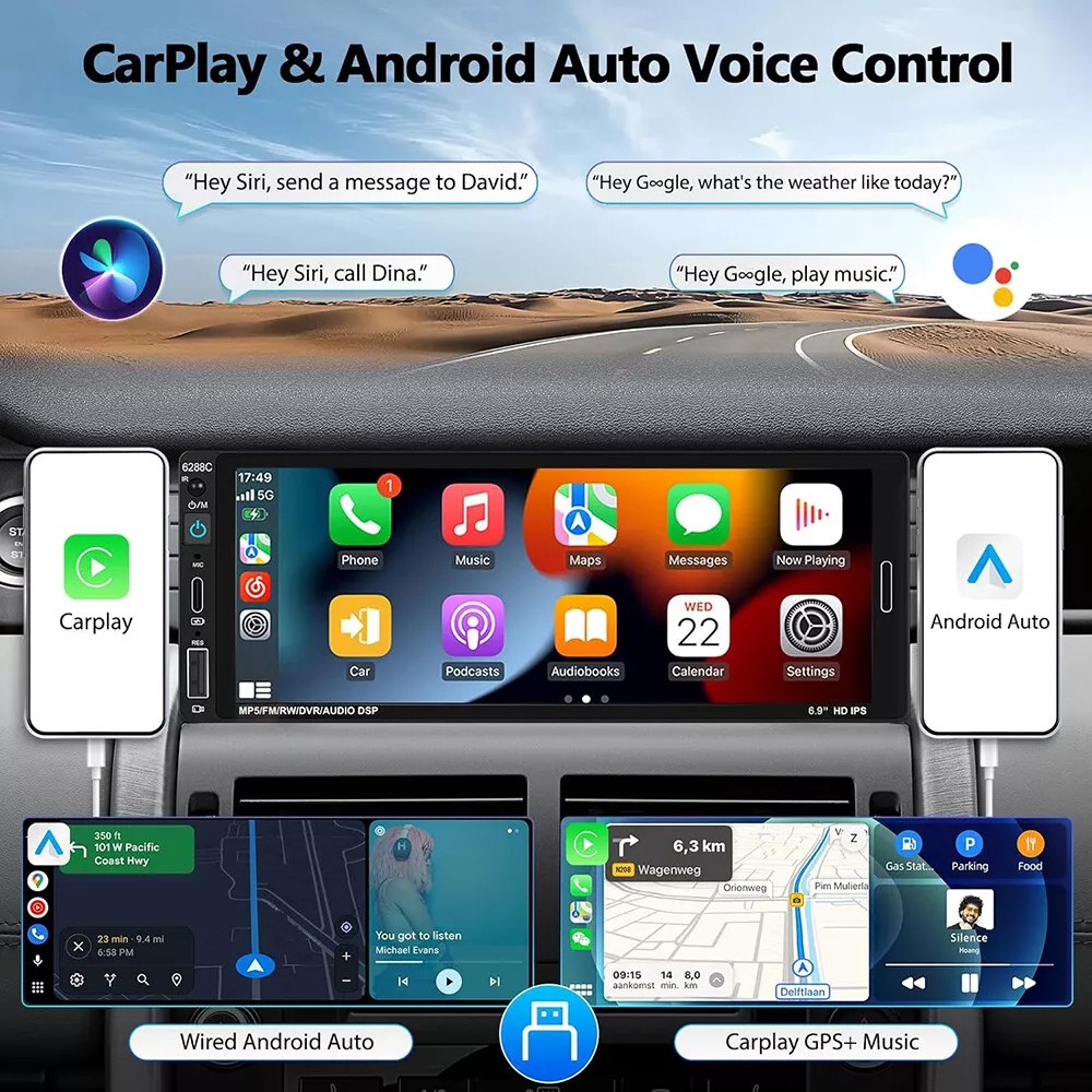 Single Din Car Stereo Wireless Apple CarPlay 6.9 touchscreen Bluetooth Radio USB